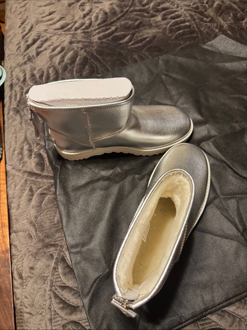 UGG Metallic Silver womens Short Zip Booties, brand new never worn